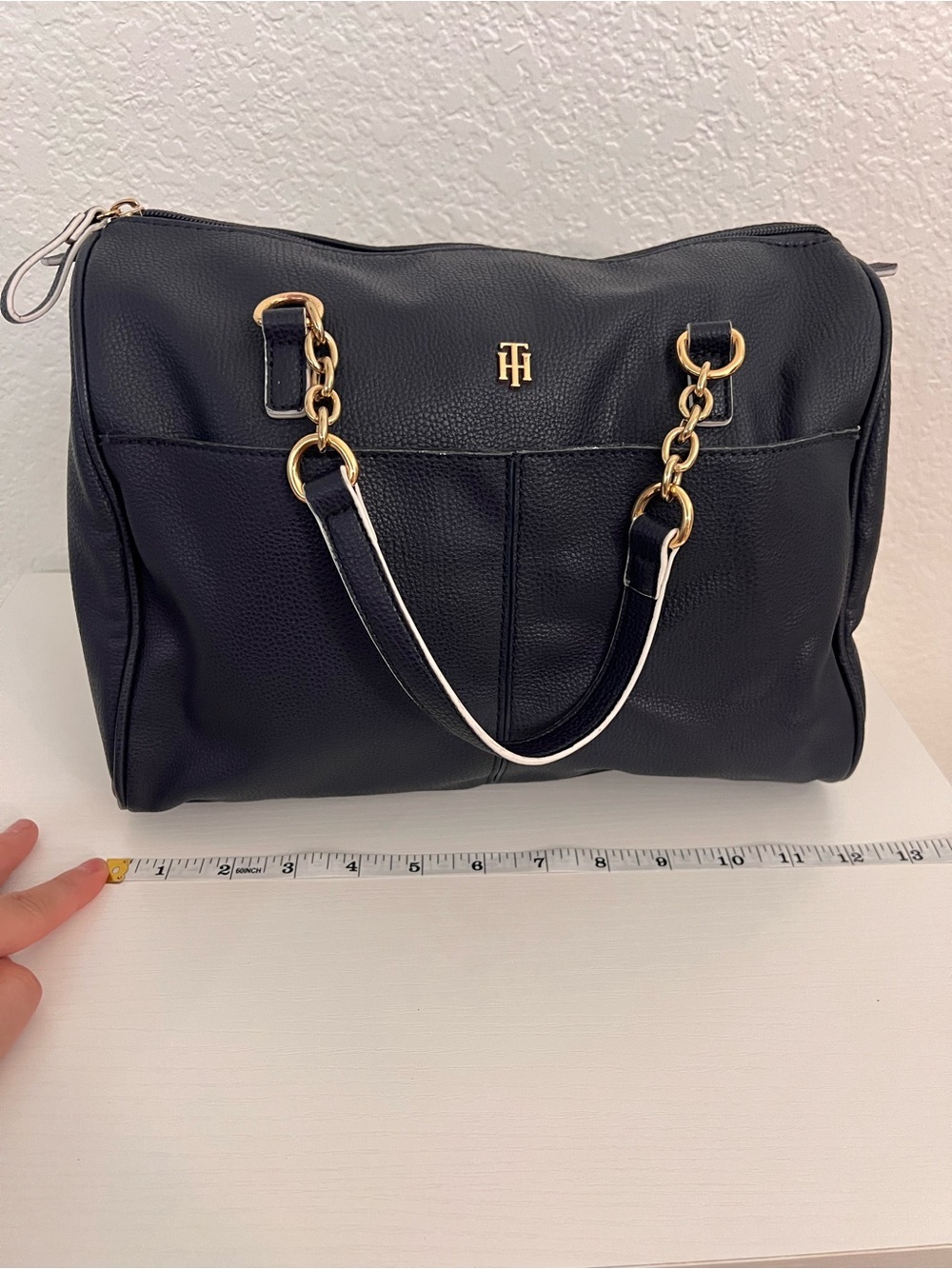 Tommy Hilfiger Navy Blue Pebble Grain Tote Bag Gold Chain Shoulder Purse - Picture 5 of 10